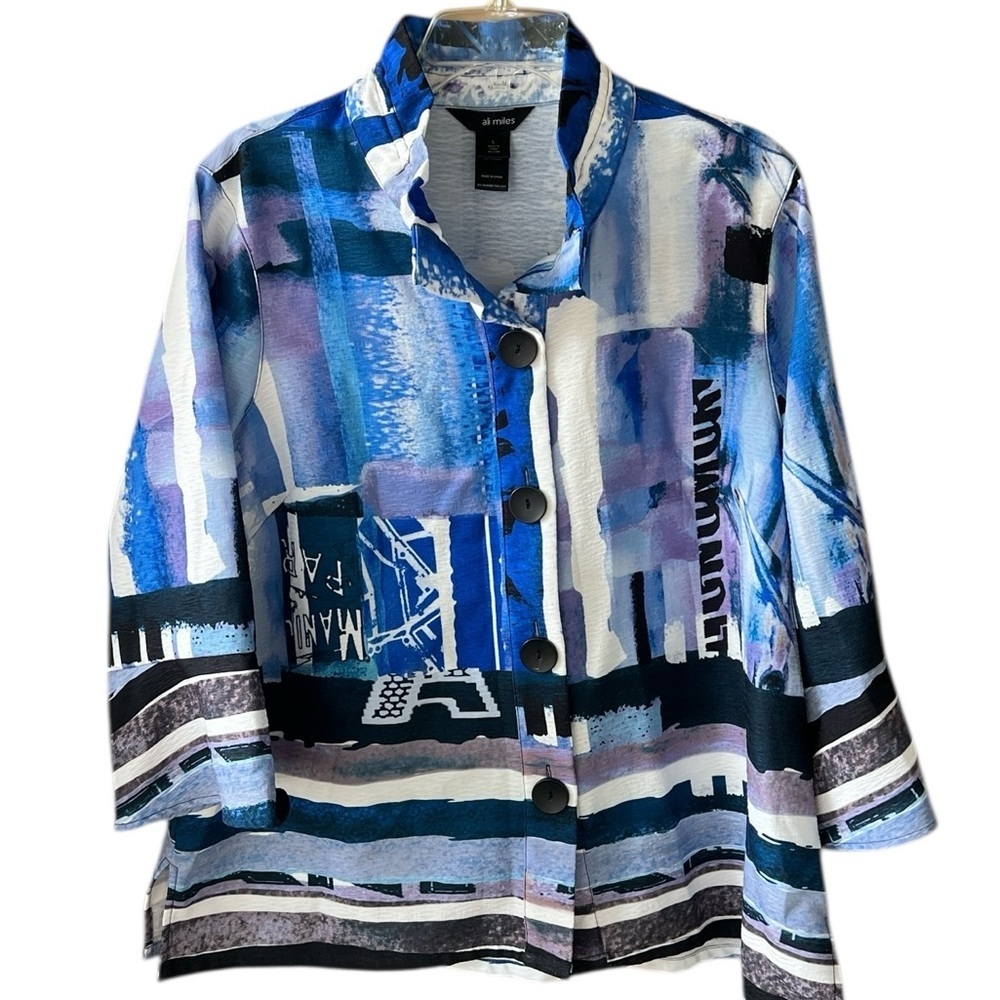 Ali Miles L Mixed Print Contemporary Abstract Blue Black Tunic Top Bell Sleeves